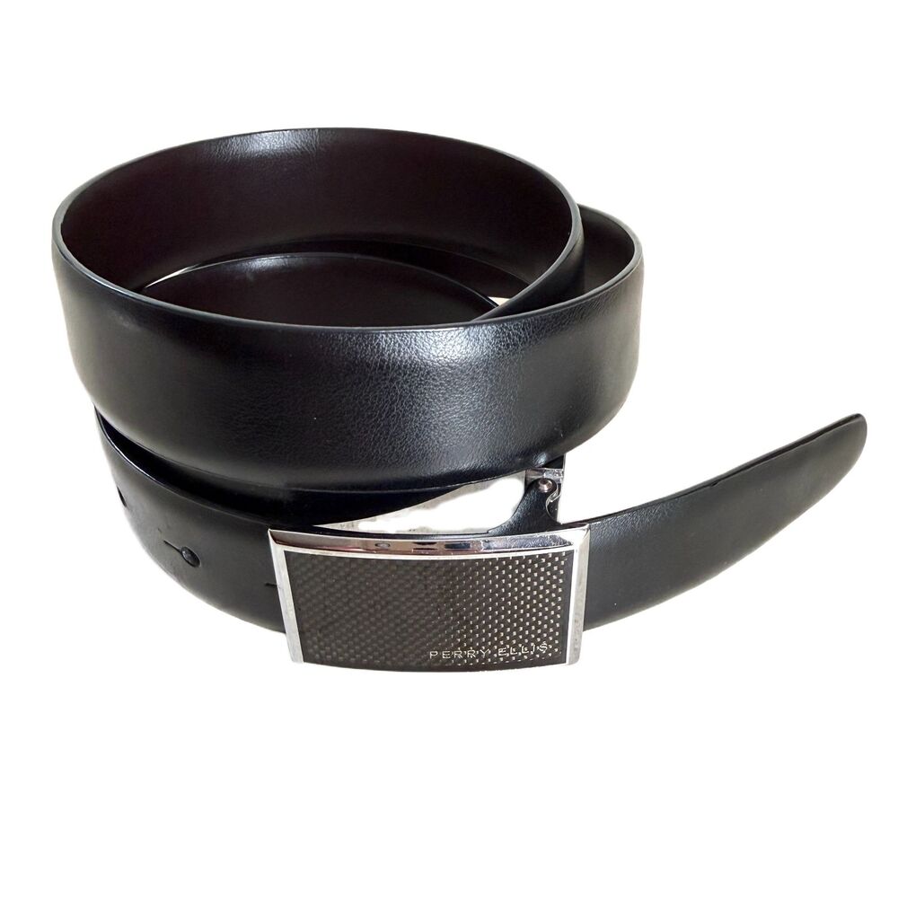 Perry Ellis Reversable Leather Belt Mens Size 36 Black Brown Logo Buckle